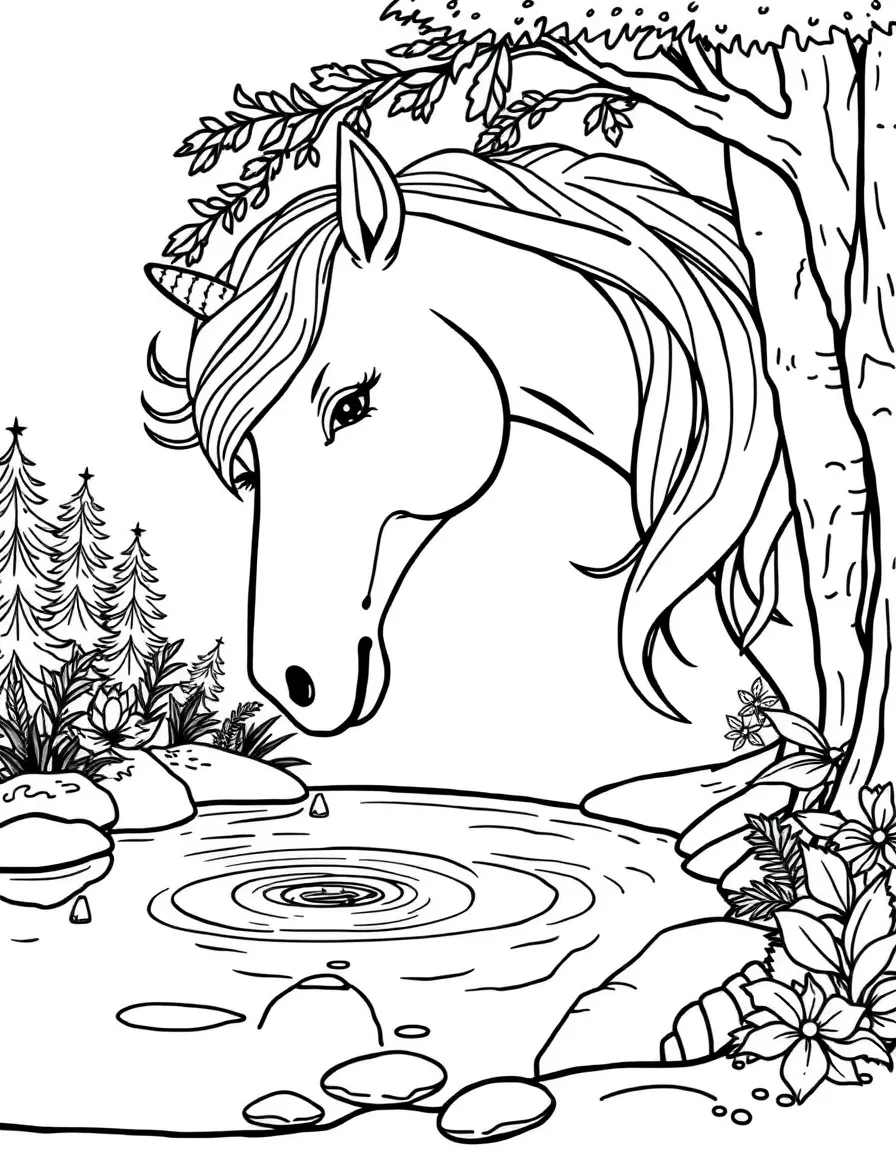 A unicorn drinking from a crystal-clear forest pool