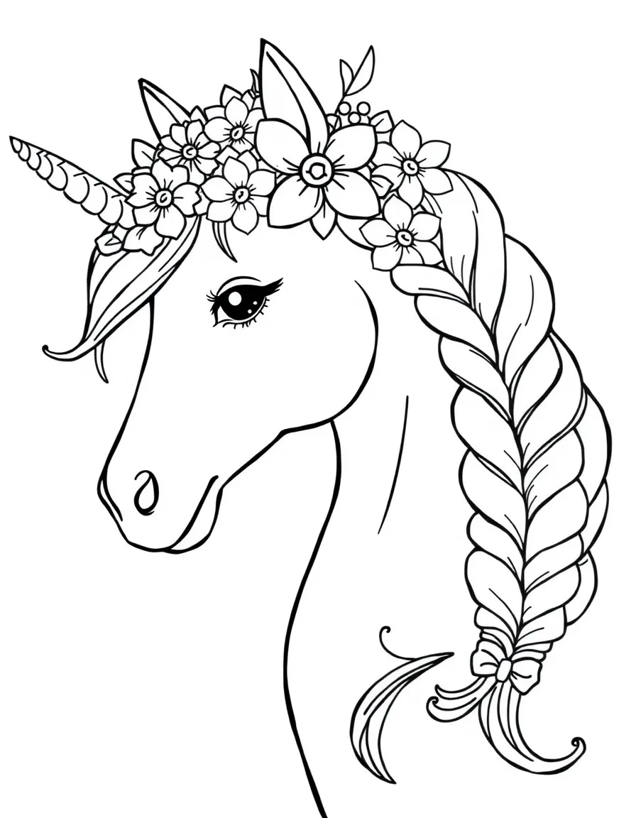 A unicorn with an elaborately braided mane decorated with flowers