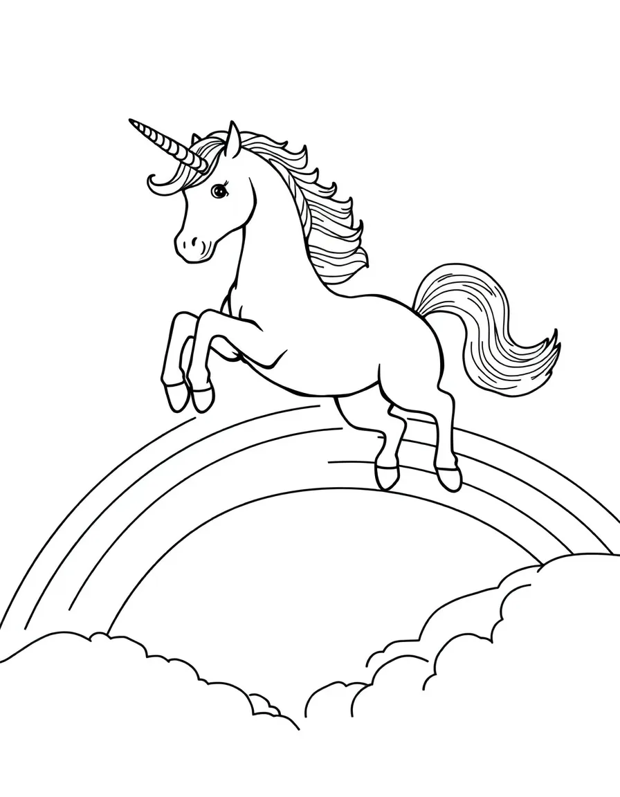 A unicorn leaping over a rainbow in a single bound