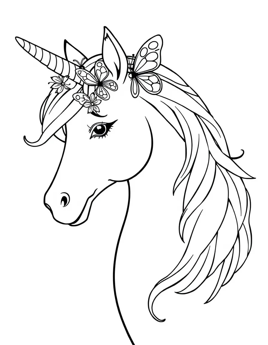 A unicorn with butterfly-like creatures resting on its mane