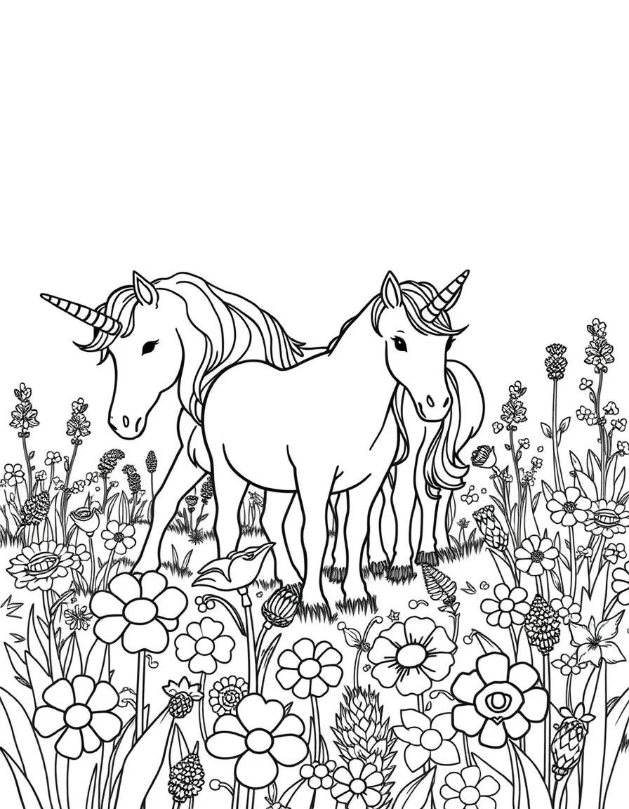 A family of unicorns grazing in a meadow of unusual flowers