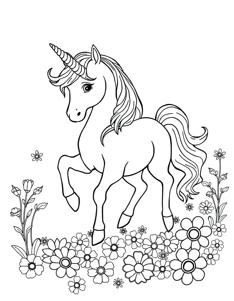 A unicorn creating a trail of flowers wherever its hooves touch