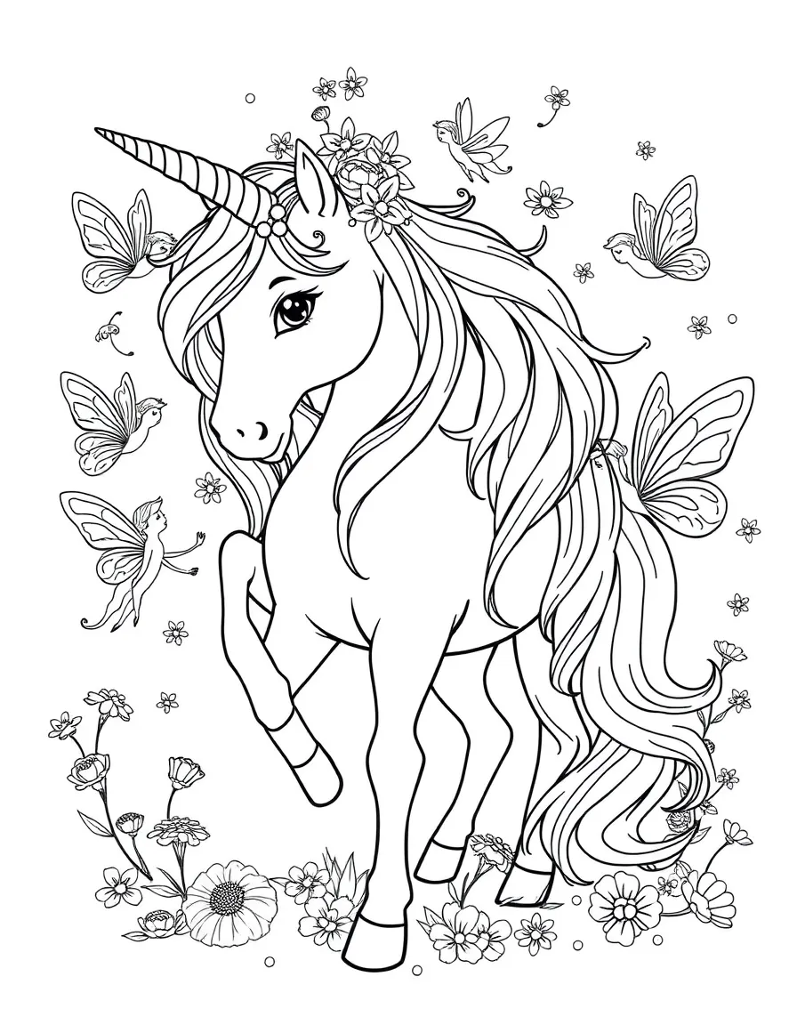 A unicorn surrounded by fairies who are decorating its mane