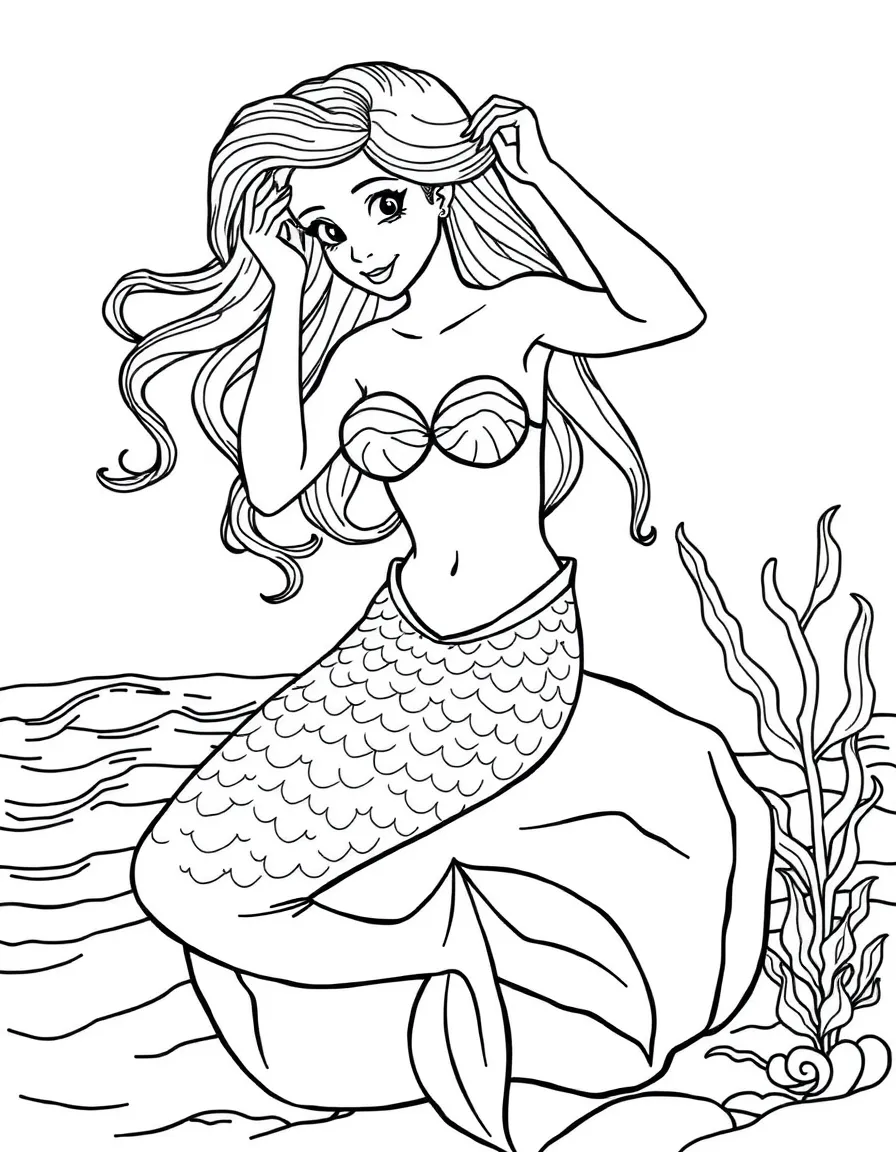 A mermaid sitting on a coastal rock, arranging her hair