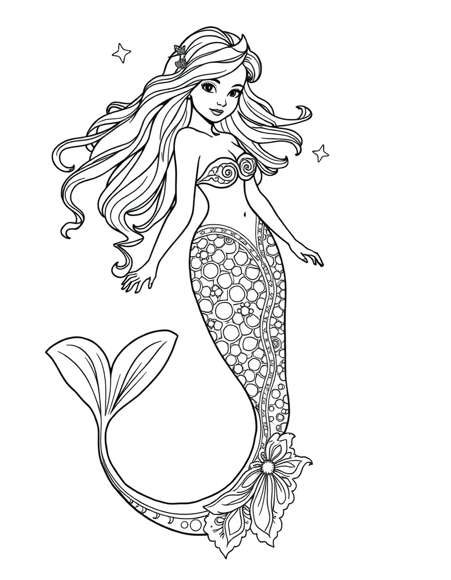 A mermaid with an elaborate tail with fin patterns like lace
