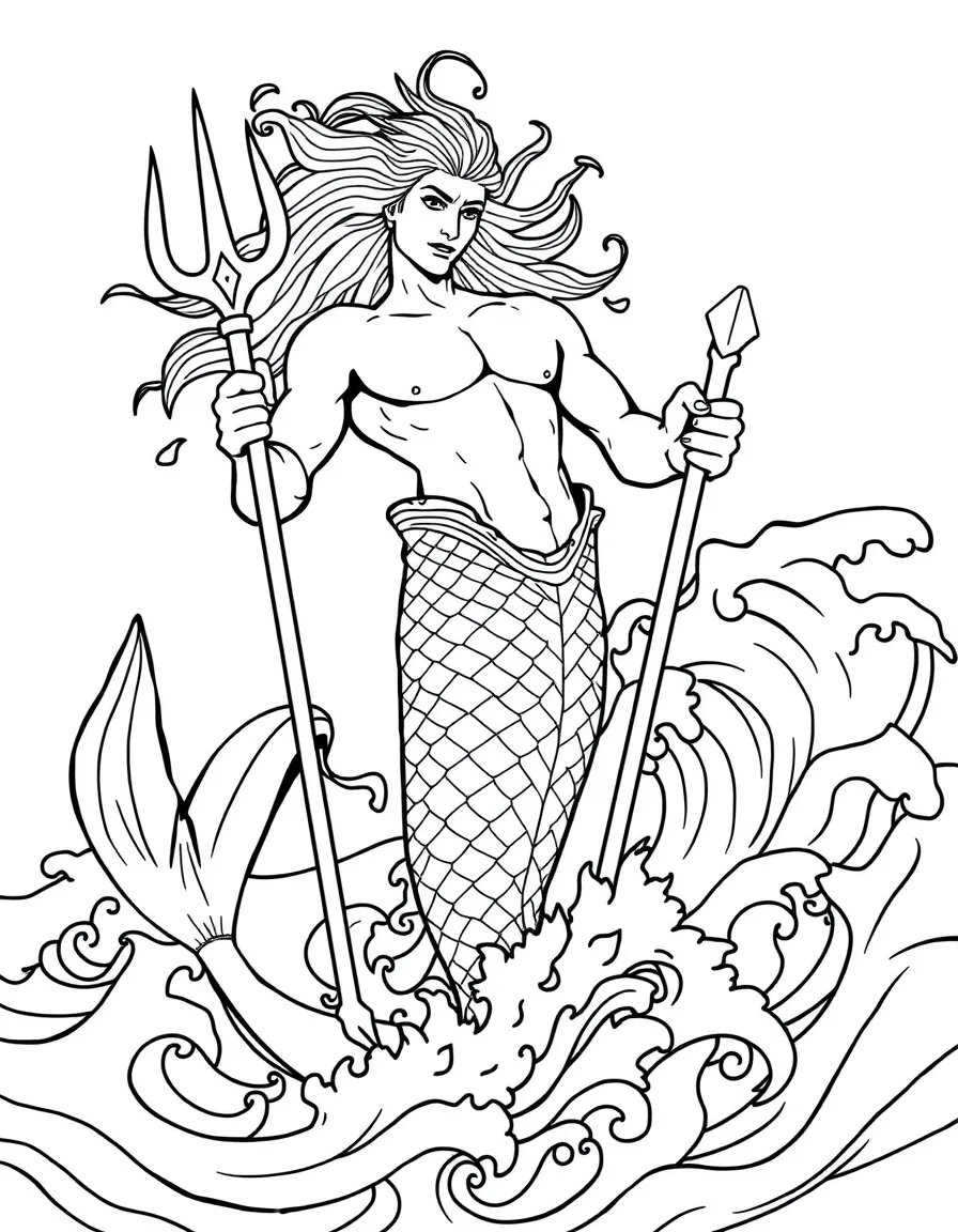 A merman with a trident commanding the waves