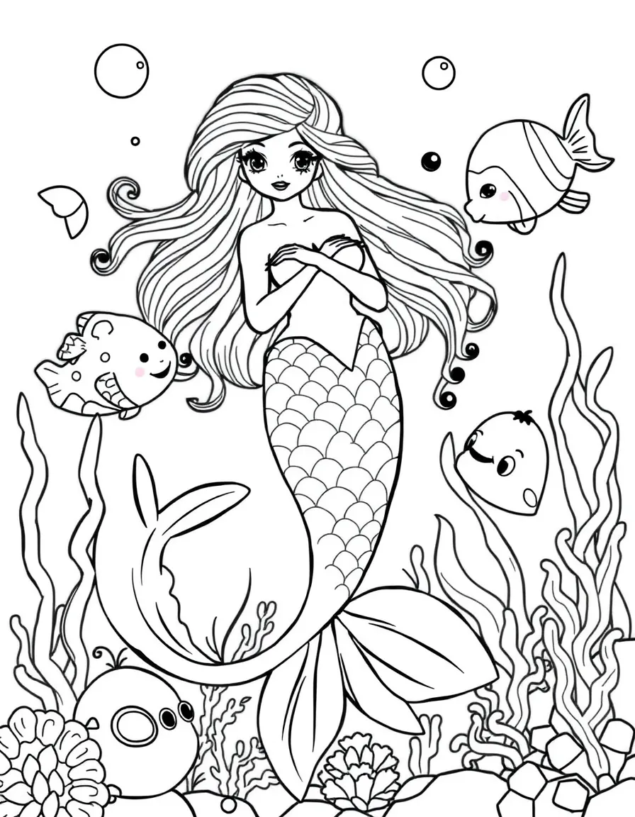 A mermaid surrounded by friendly sea creatures