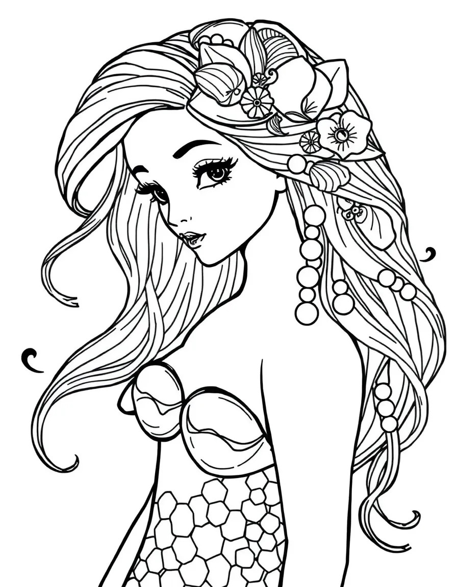 A mermaid with shells and pearls woven into her hair