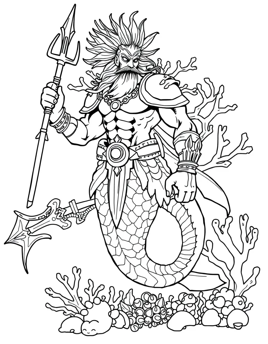 A merman warrior with shell armor and coral weapons