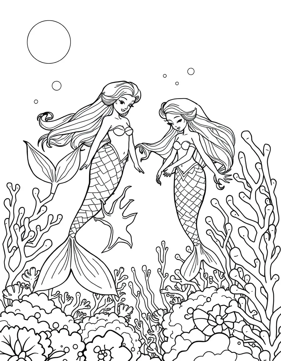 A family of merfolk playing among coral formations