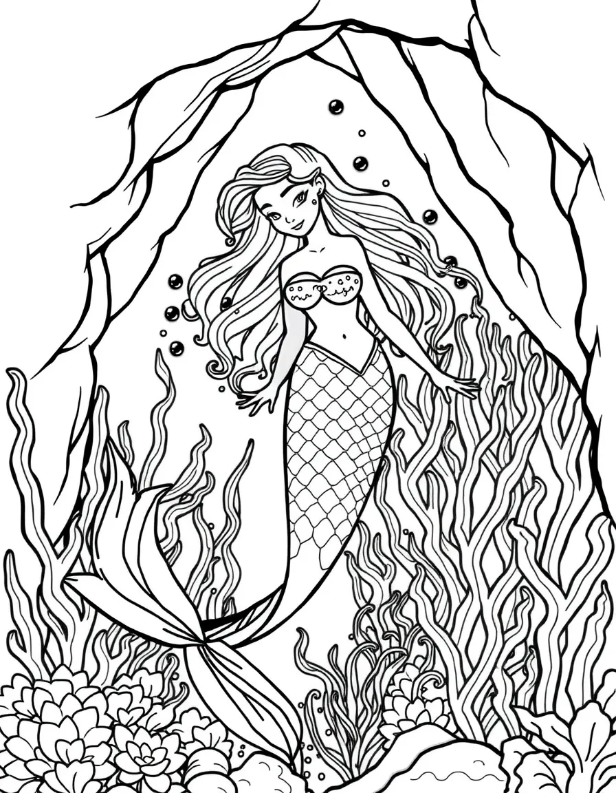 A mermaid with a kelp garden growing around her grotto