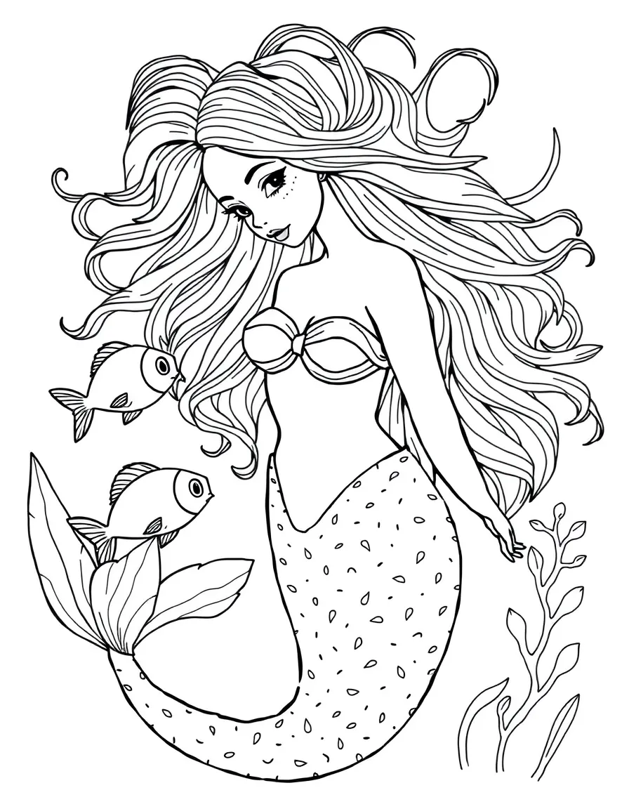 A mermaid with fish swimming through her flowing hair