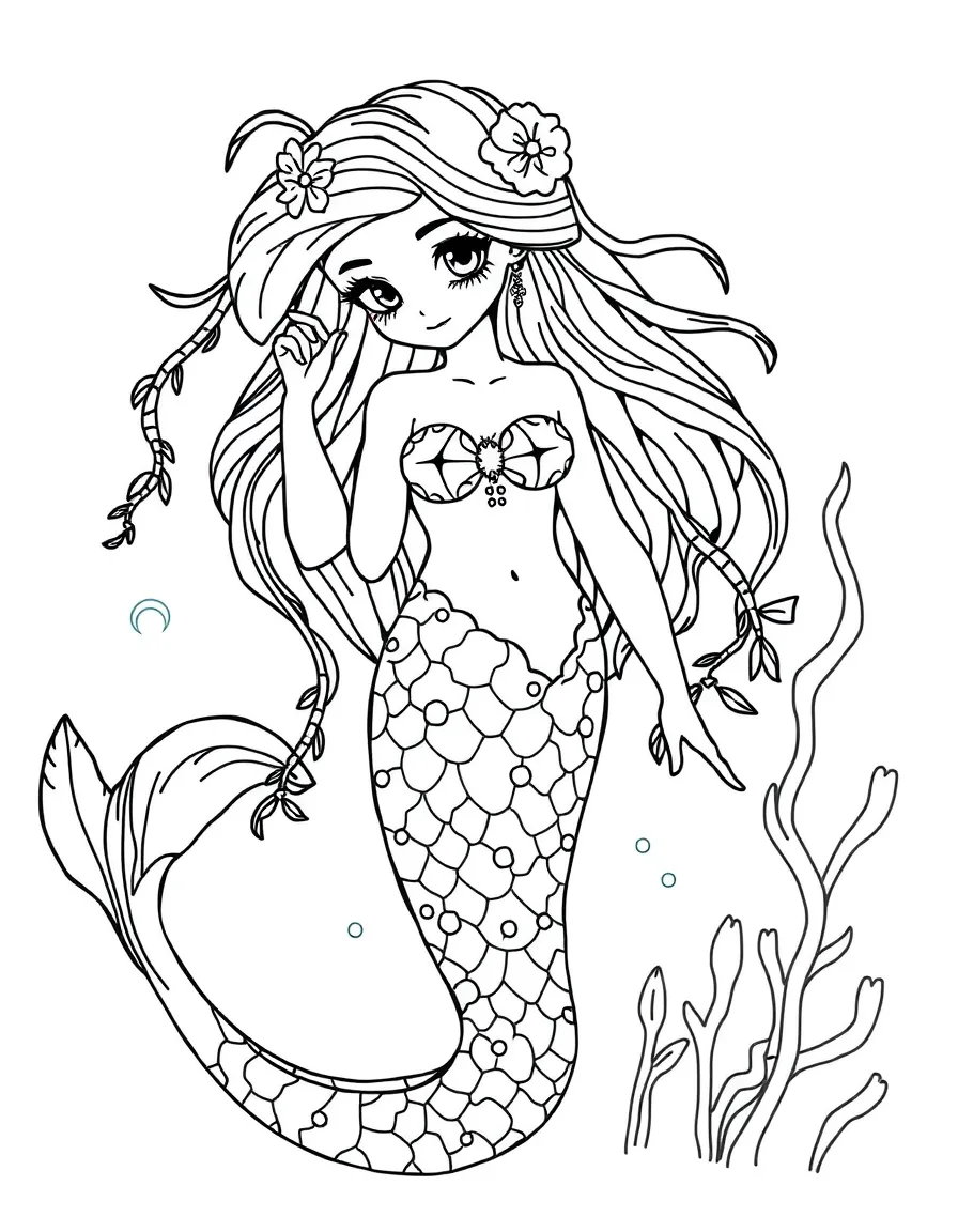 A mermaid with seaweed clothing and decorations
