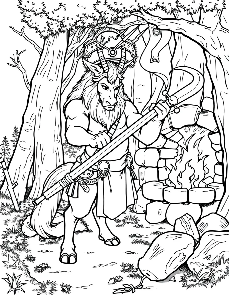 A centaur smith forging weapons near a forest forge