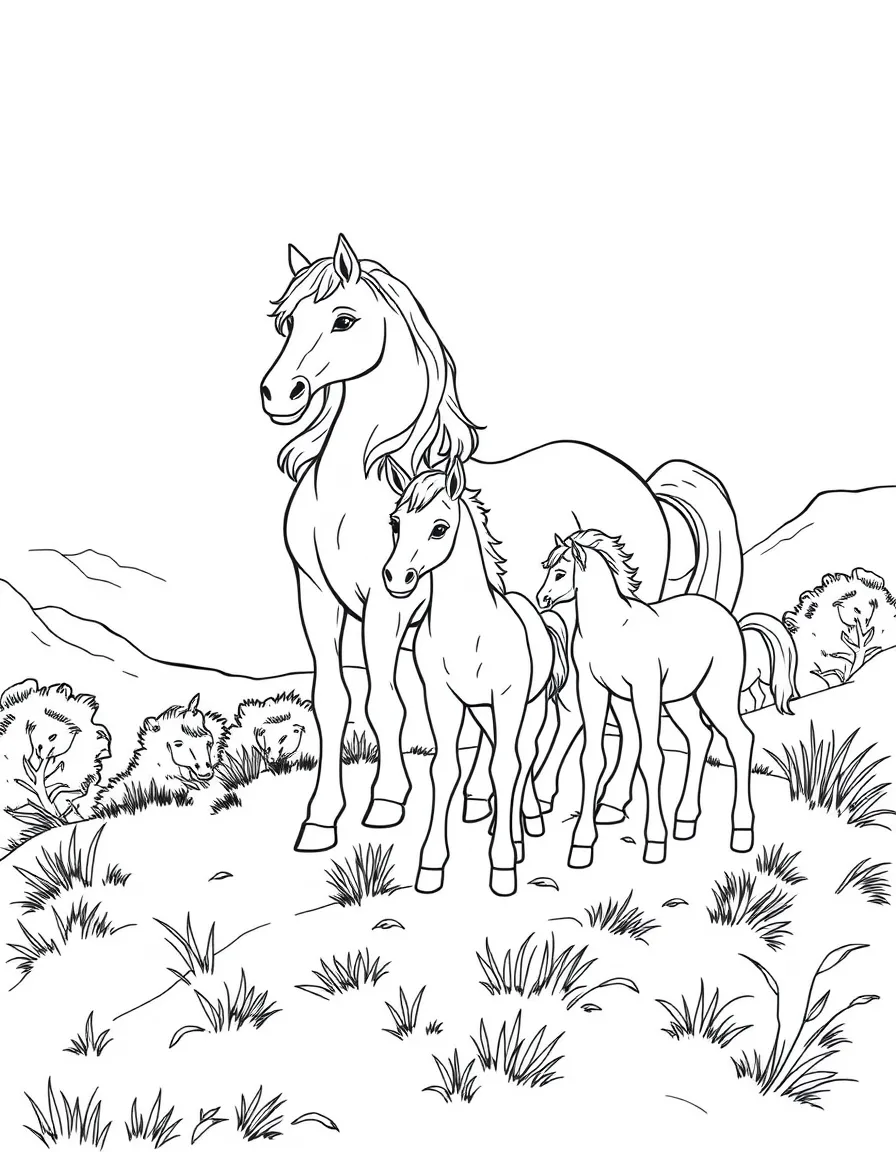 A family of centaurs - adults and foals - on a hillside