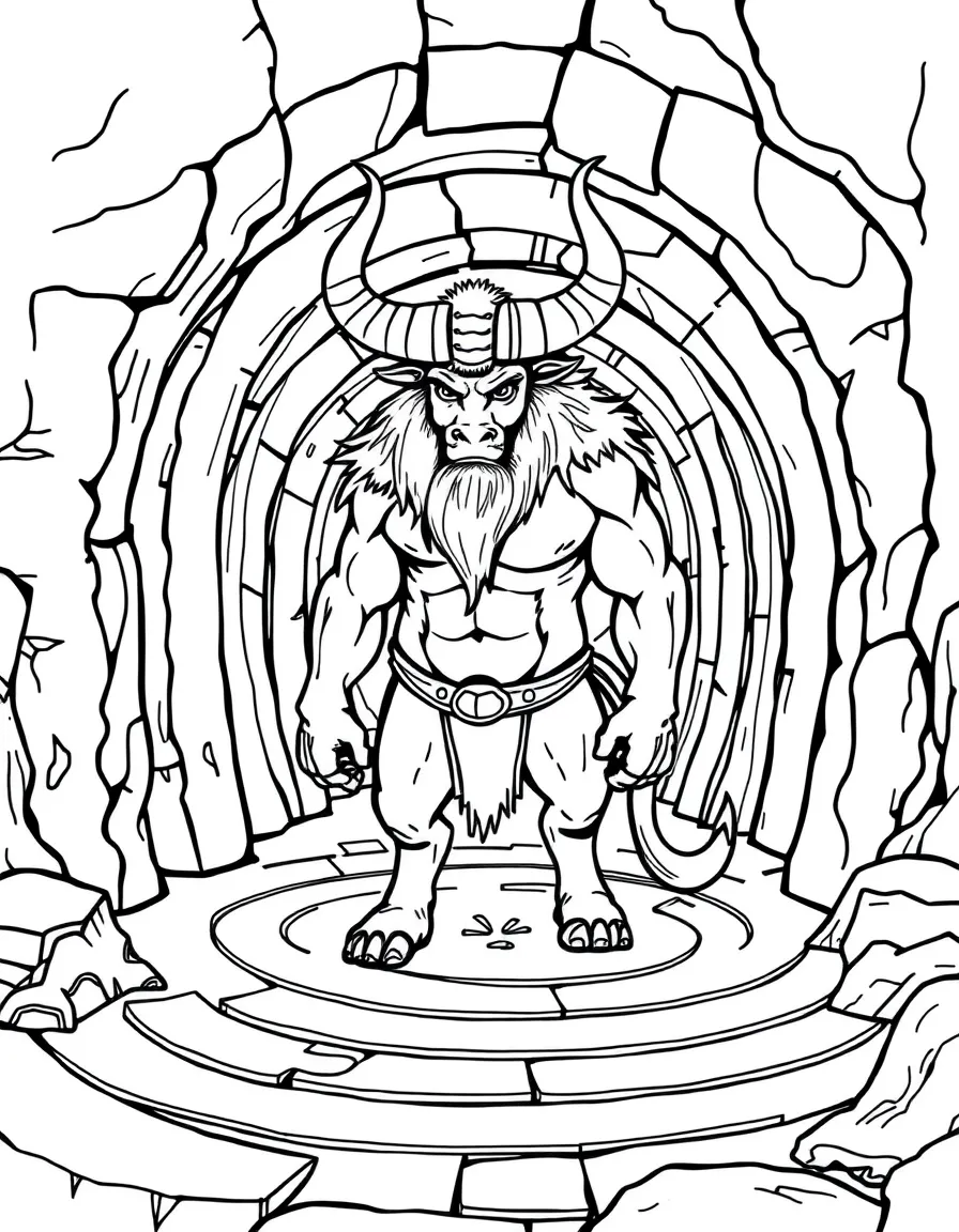 A minotaur standing at the entrance of a labyrinth