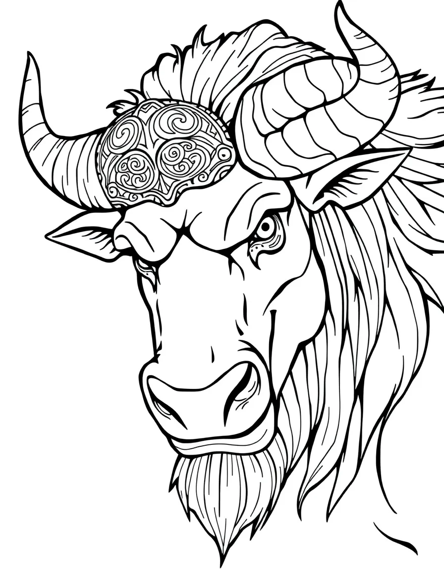 A minotaur with intricate horn carvings and nose ring