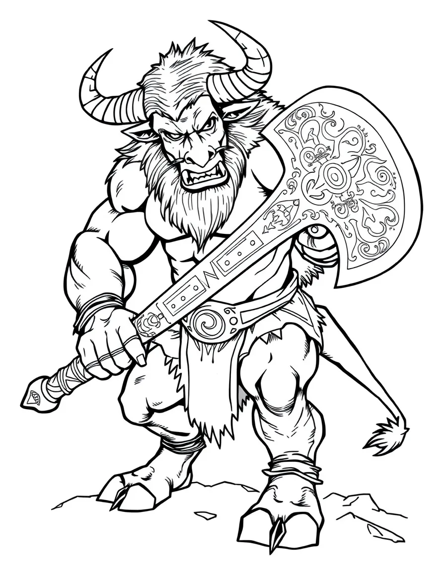 A minotaur wielding a double-bladed axe with detailed engravings