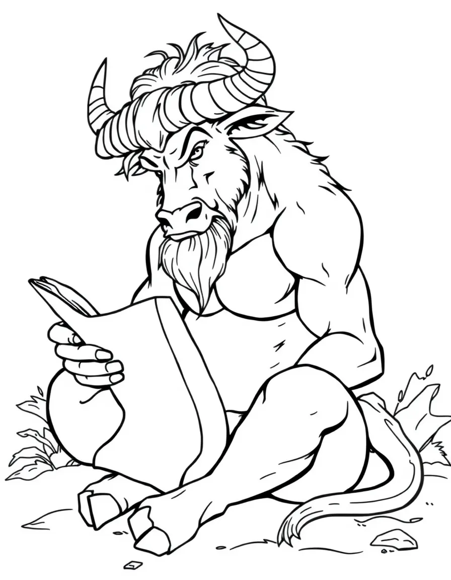 A minotaur sitting thoughtfully, reading an ancient scroll