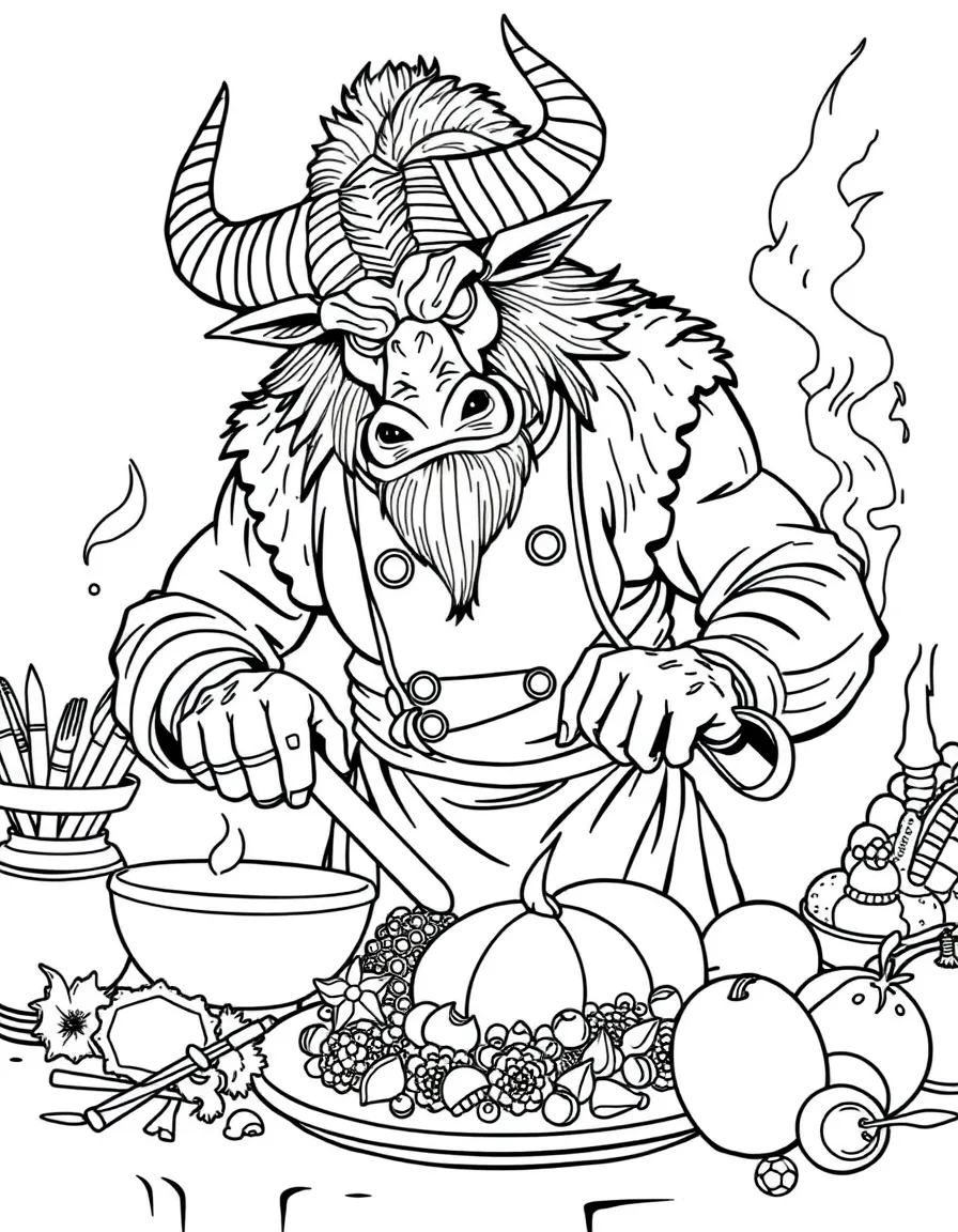 A minotaur chef preparing an elaborate feast