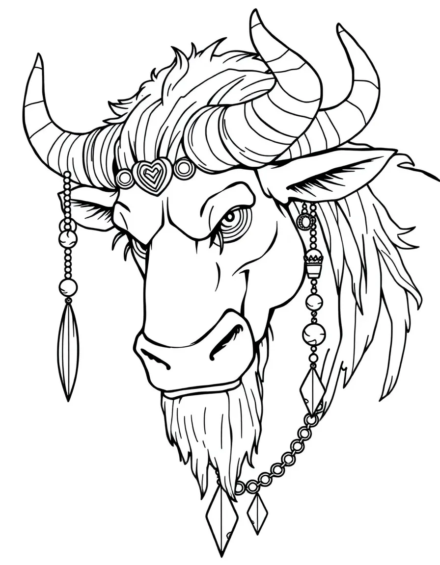 A minotaur with jewelry hanging from its horns and ears
