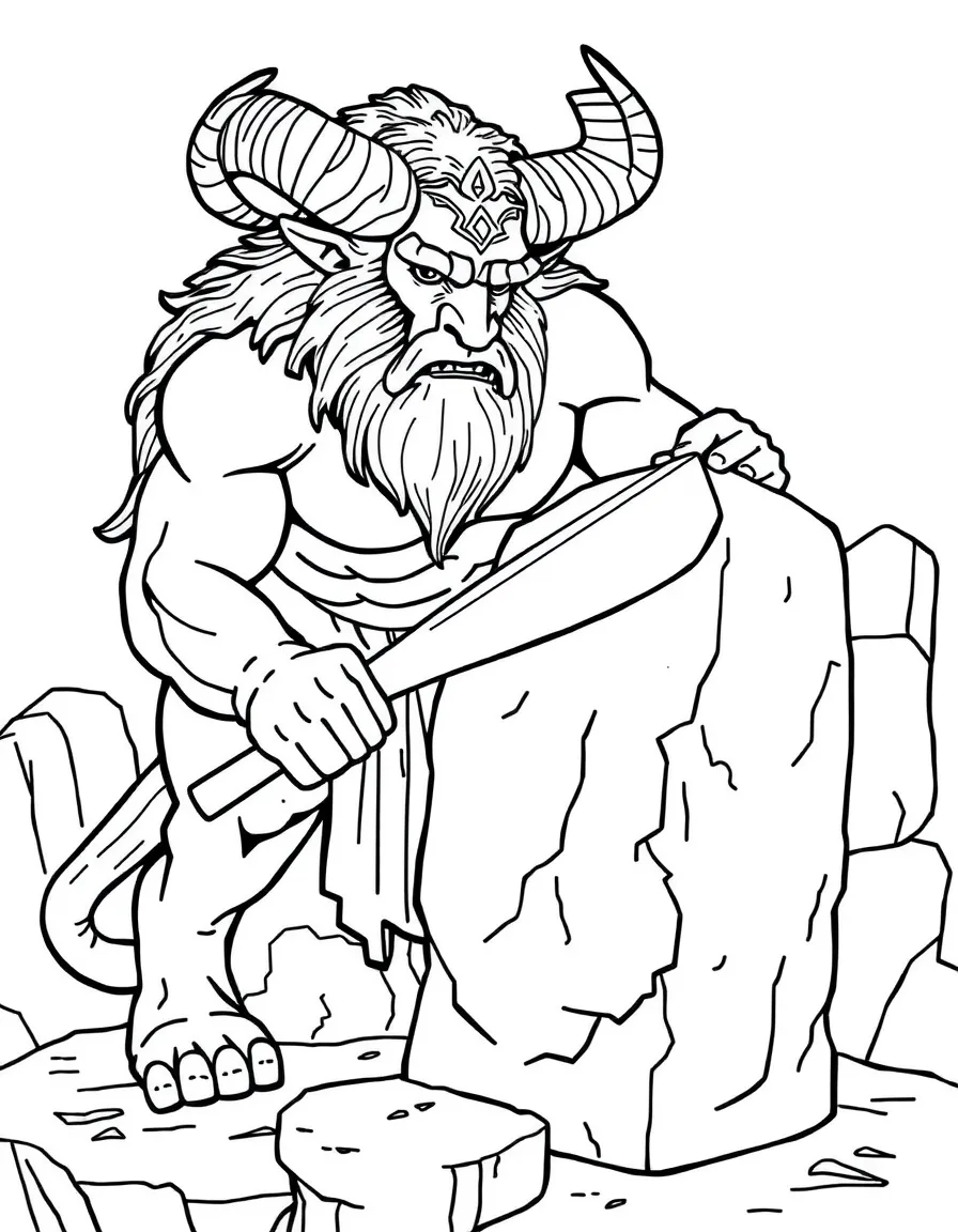 A minotaur stone carver working on a statue
