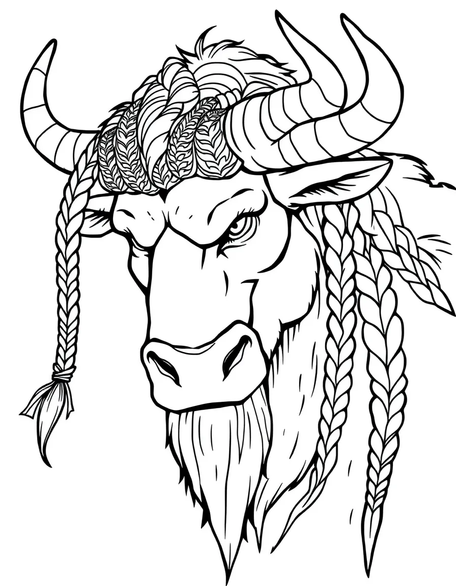 A minotaur with braided fur and decorated horns