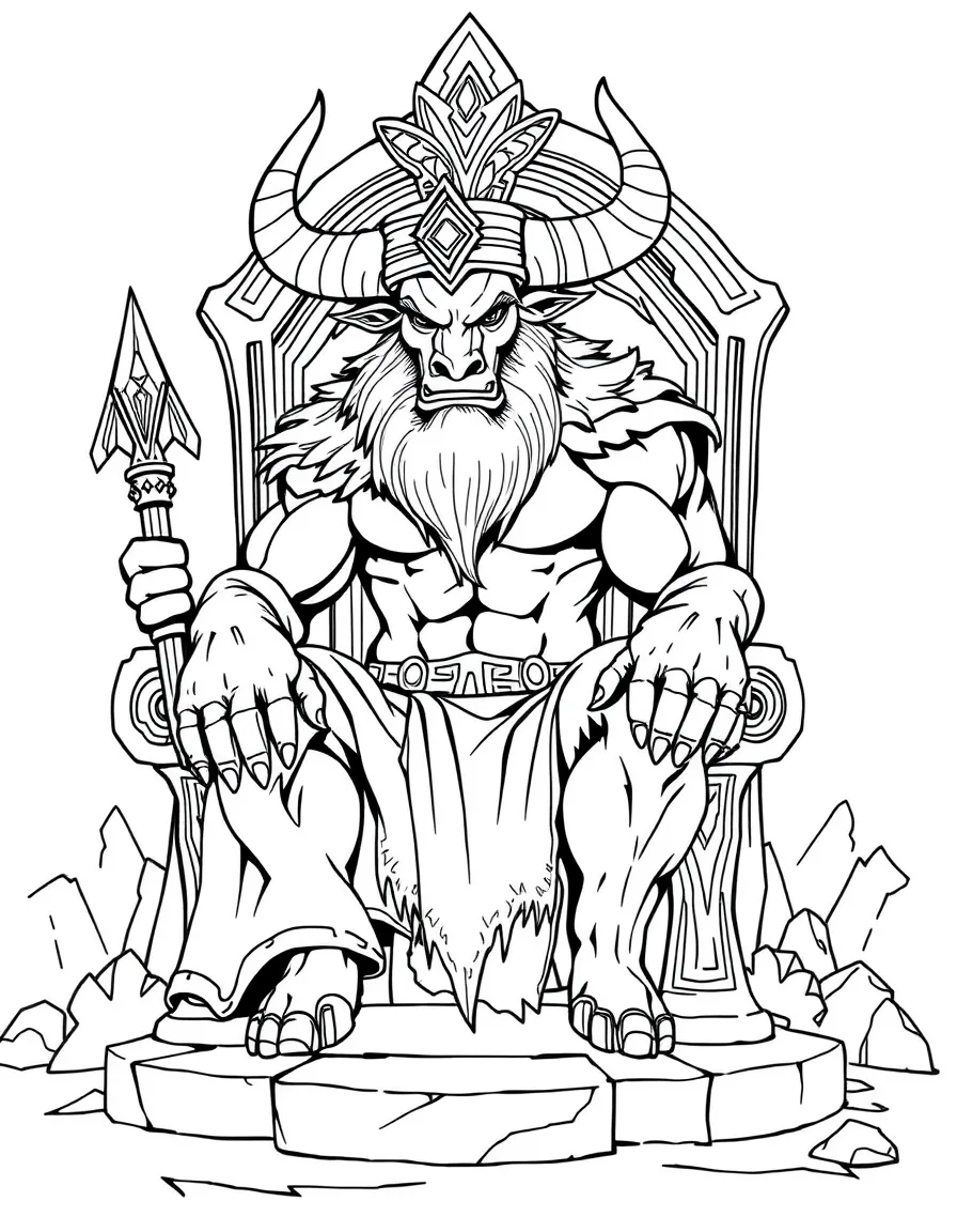 A minotaur king on a throne made of stone and metal
