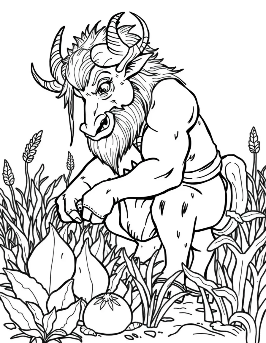A minotaur farmer tending to unusual crops