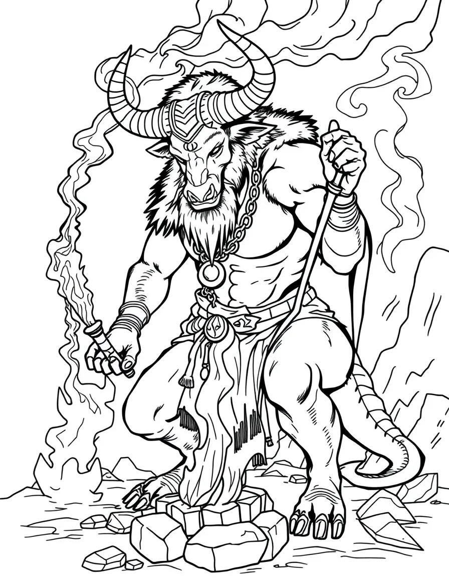 A minotaur shaman performing a ritual with smoke and fire