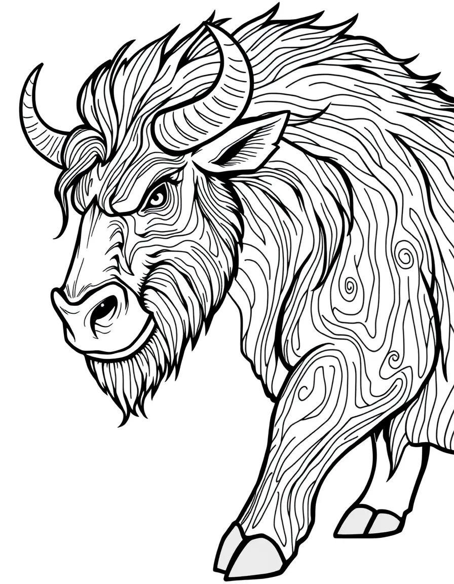 A minotaur whose fur has swirling patterns like wood grain