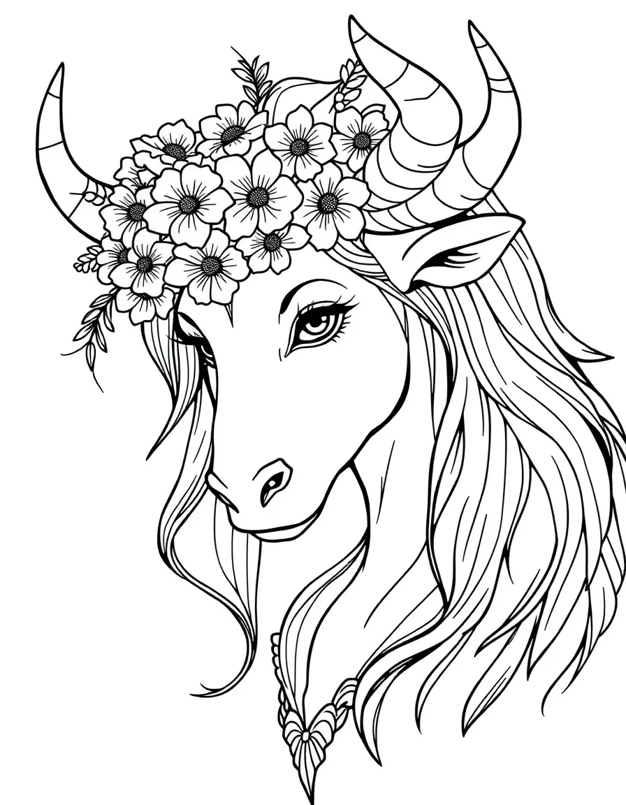 A female minotaur with flowers woven between her horns