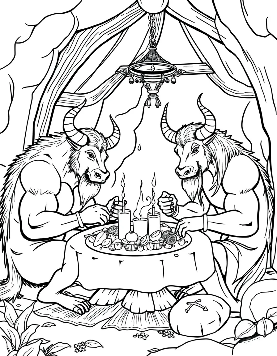 A minotaur family sharing a meal in their home