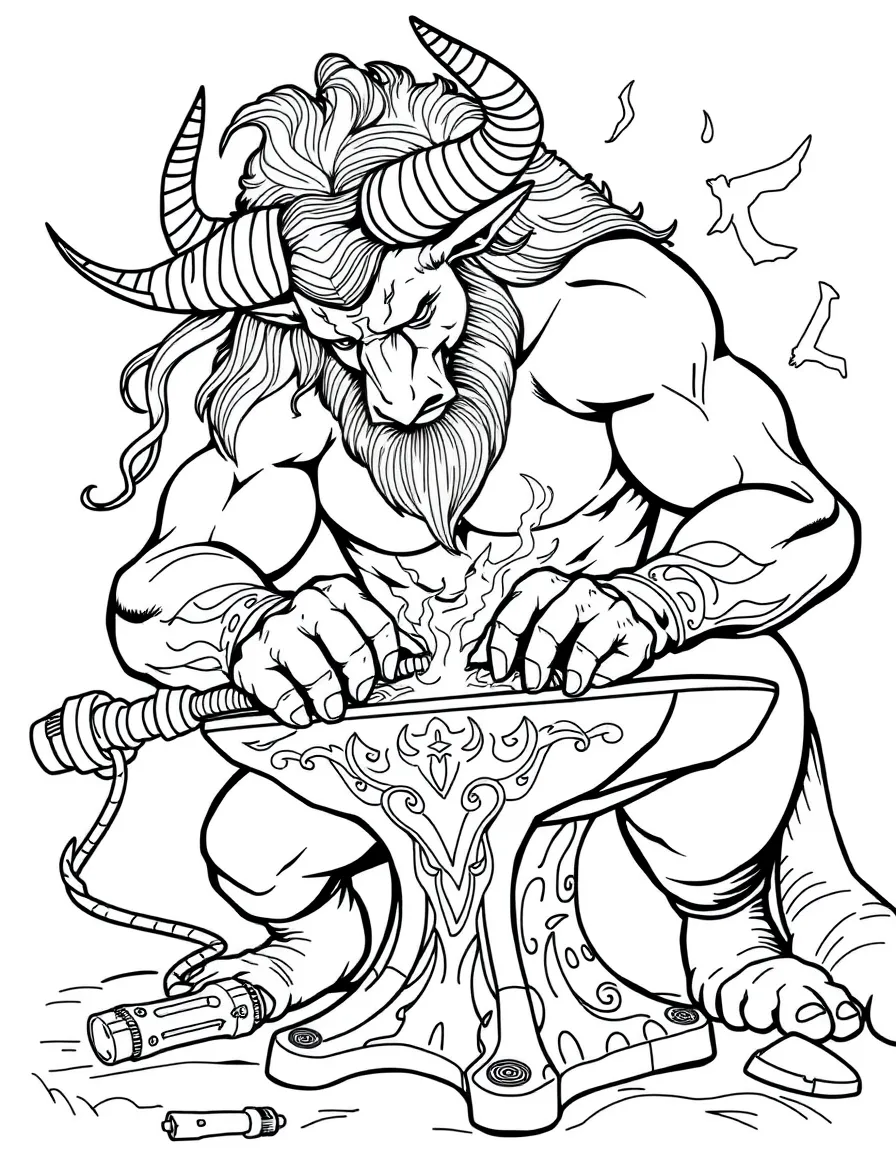 A minotaur creating intricate metalwork at an anvil