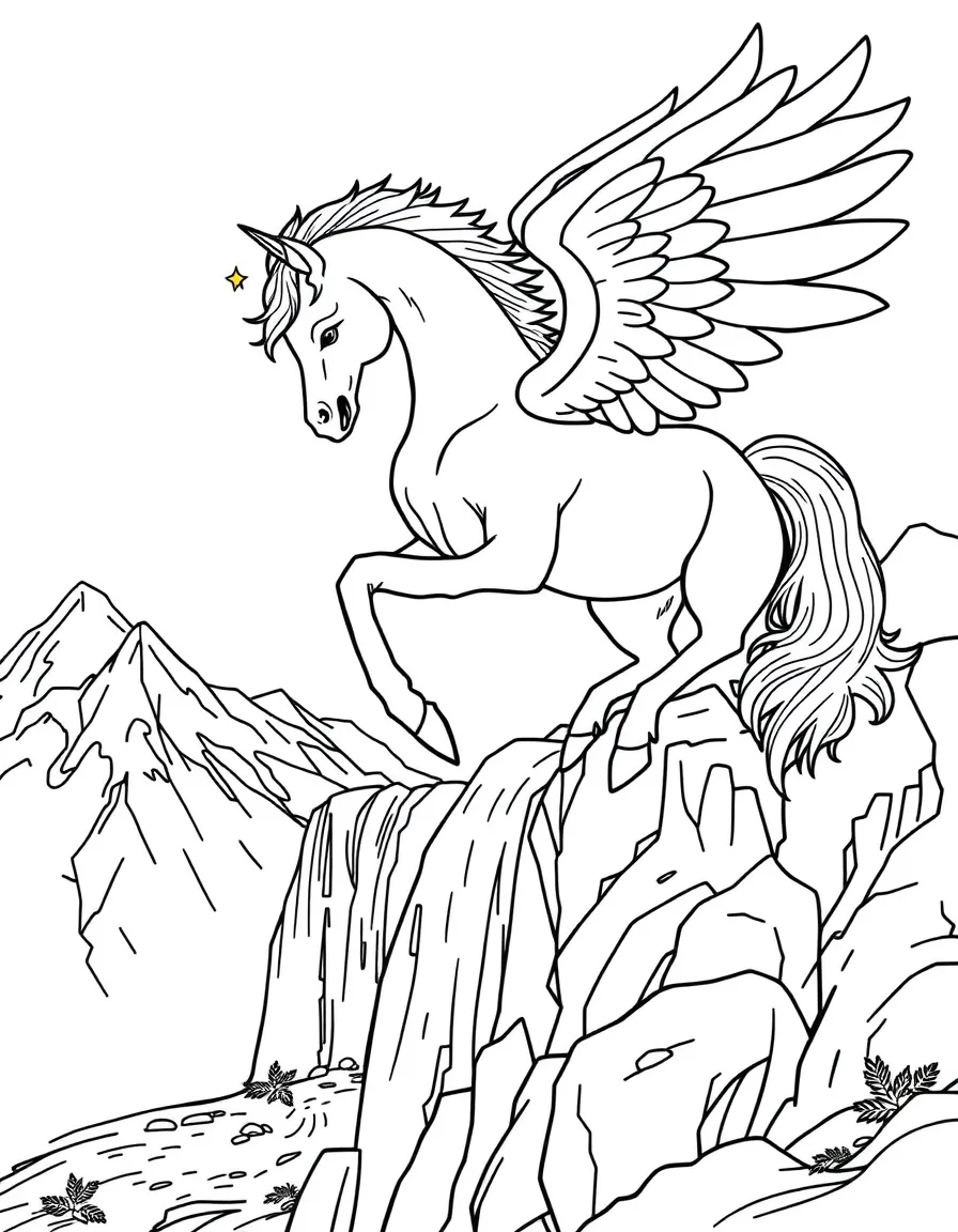 A pegasus drinking from a waterfall on a mountain peak