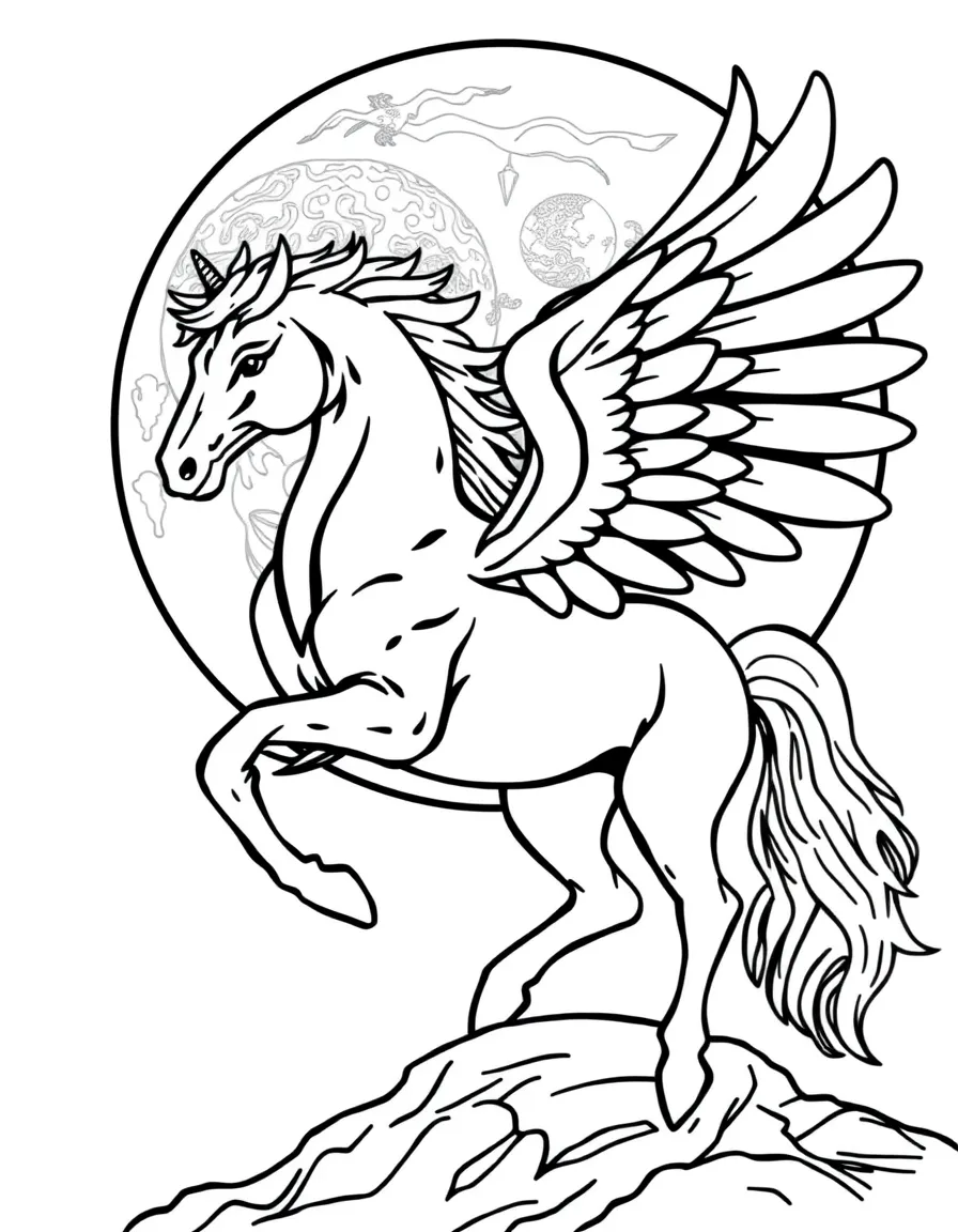 A black pegasus against a full moon background