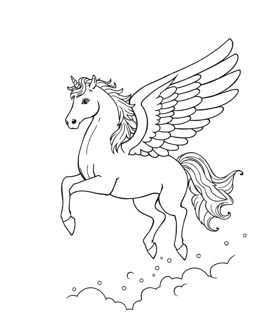 A pegasus creating rainbows as it flies through mist