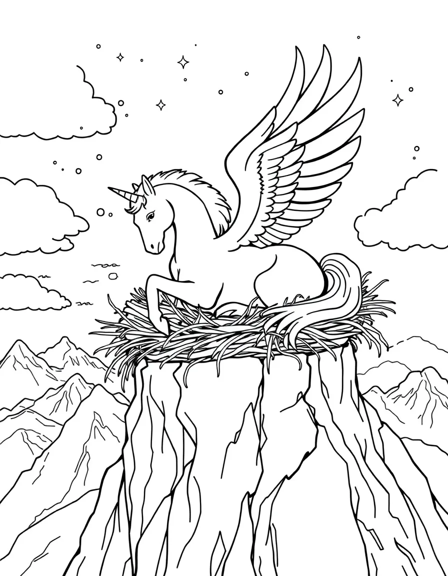 A pegasus resting in a nest atop an impossible mountain