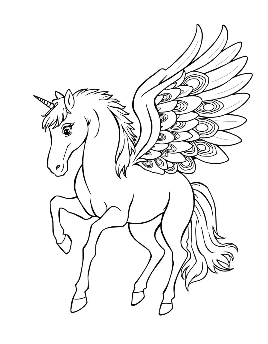 A pegasus whose wings have eye-like patterns like a peacock