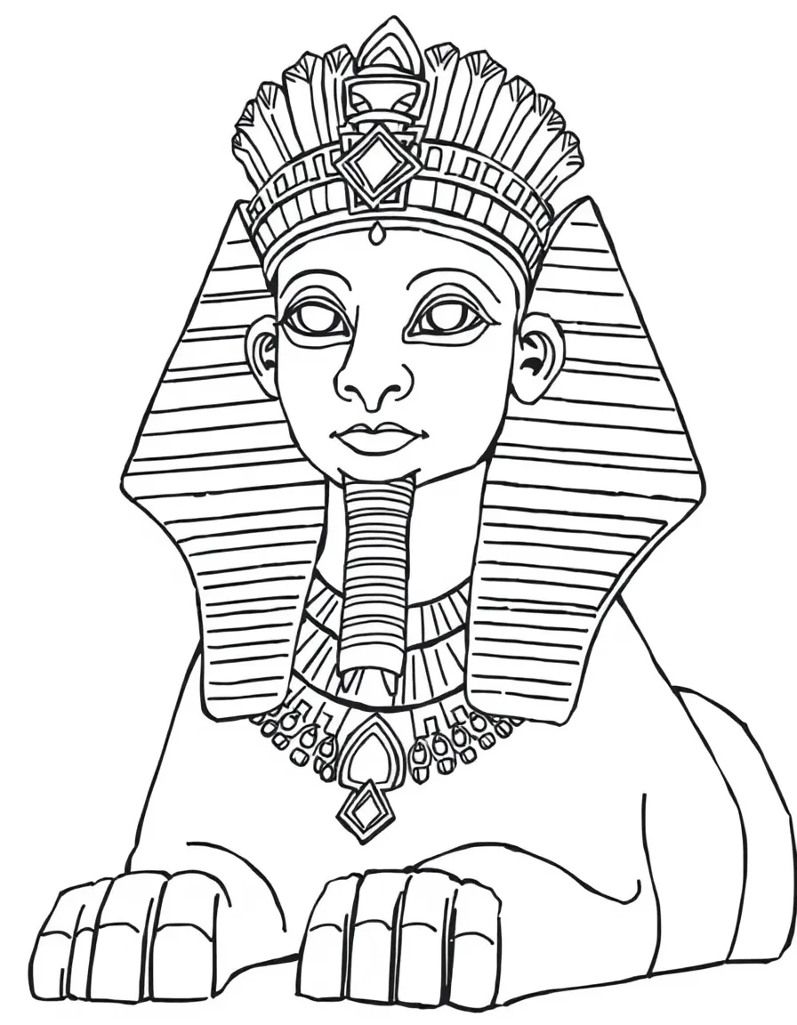 A sphinx with elaborate Egyptian headdress and jewelry
