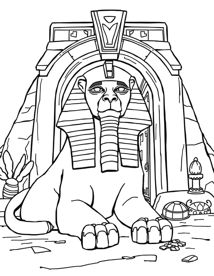 A sphinx guarding a doorway to a temple filled with treasures