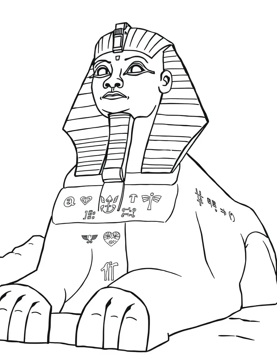 A sphinx with symbols and hieroglyphs carved into its stone base