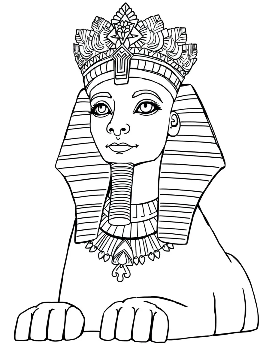 A female sphinx with an ornate crown and ceremonial collar