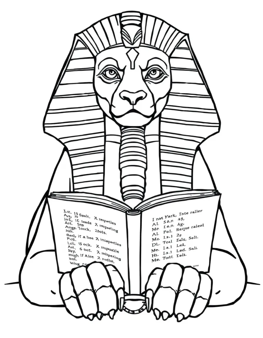 A sphinx with a book of riddles open before its paws