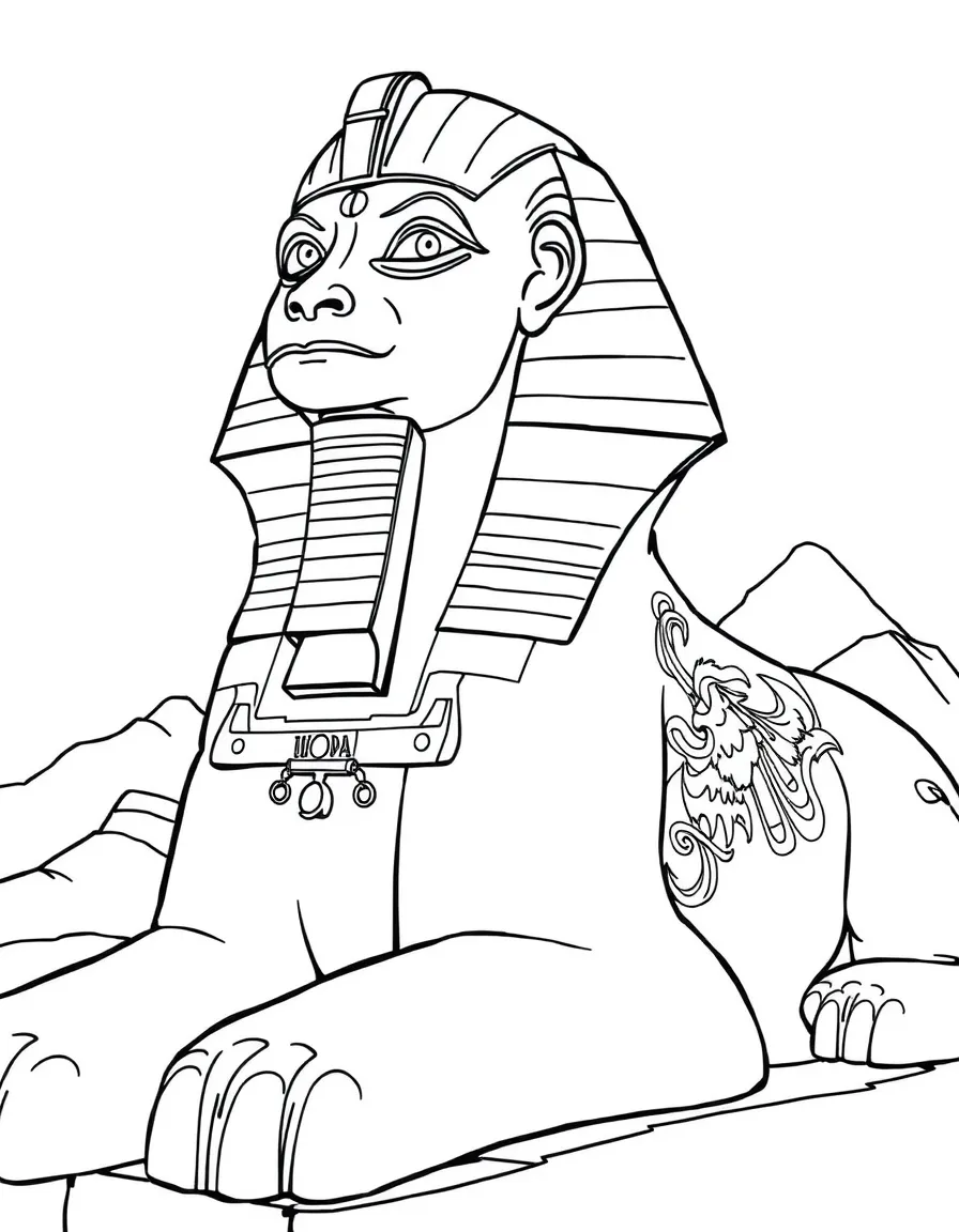 A sphinx whose body tells a story through carved reliefs
