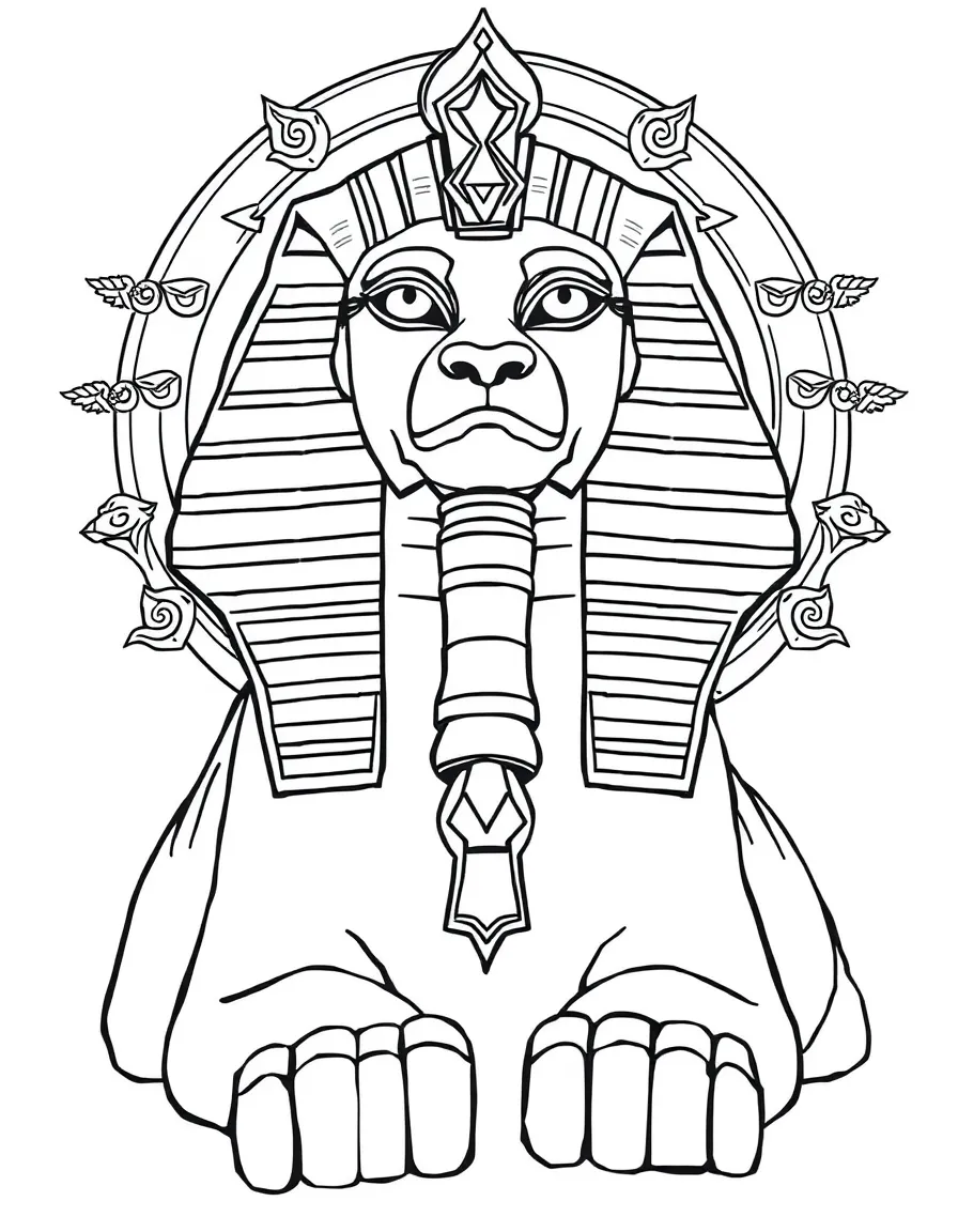 A sphinx with glowing eyes and mystical symbols around it