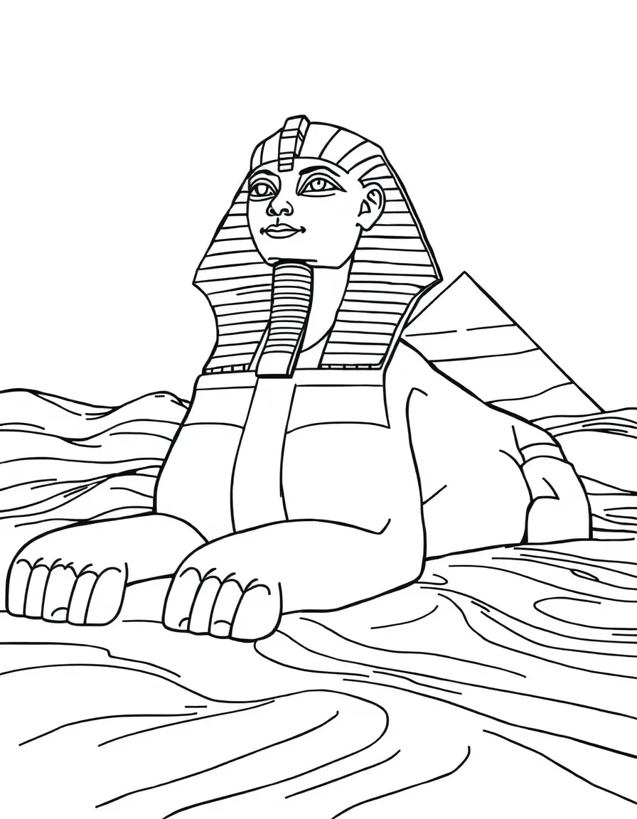 A sphinx surrounded by shifting sands forming patterns