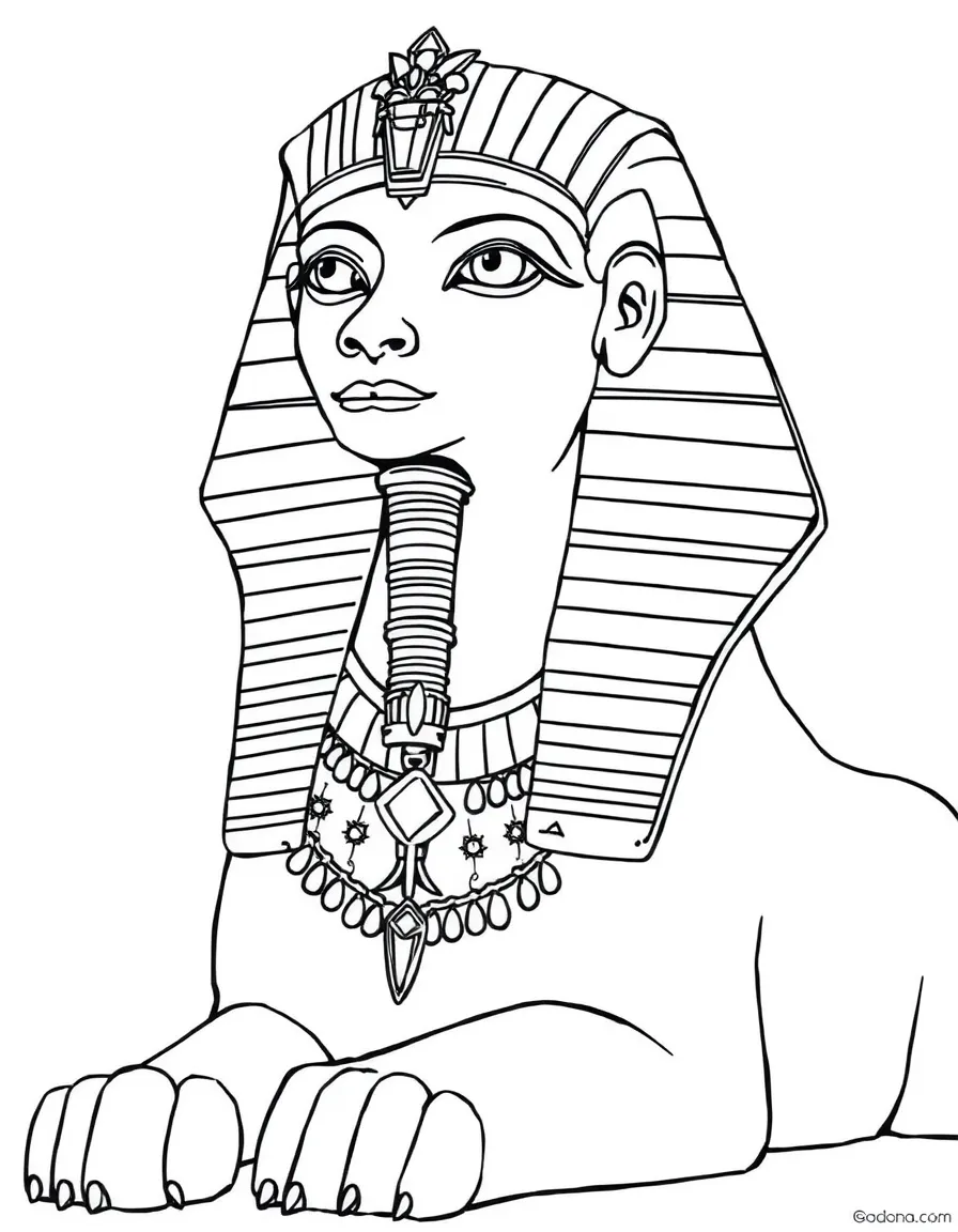 A sphinx with jewelry and gold accents on its human parts