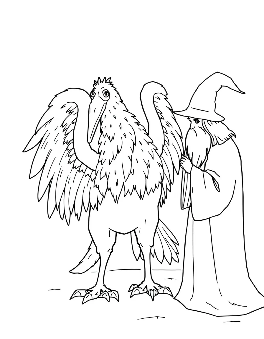 A hippogriff bowing formally before a wizard