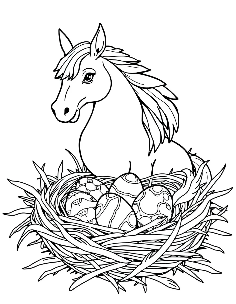 A hippogriff nest with eggs showing both feather and horse patterns